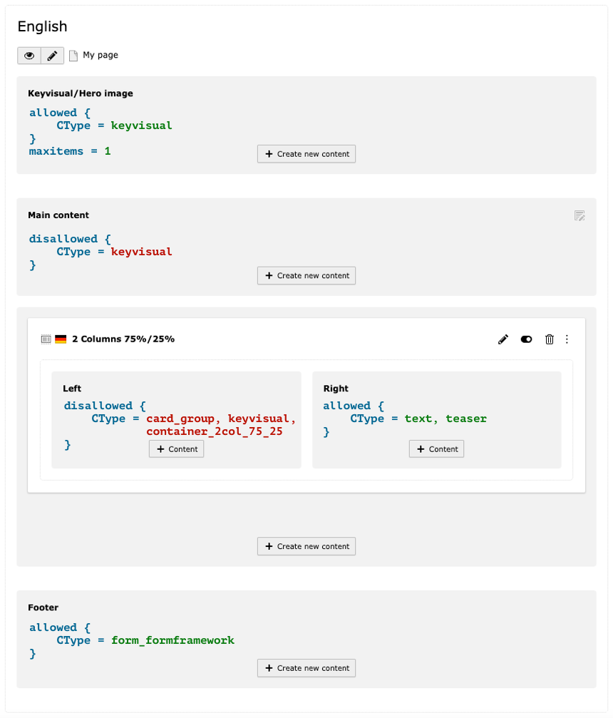 Screenshot eines Backend-Layouts mit mehreren Inhaltsspalten sowie einem zweispaltigen Container-Element. In den Spalten werden die Konfigurationen gezeigt, mit denen die Verwendung von Inhaltselementen gesteuert wird.