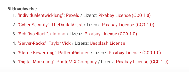 Screenshot einer Liste von Bildnachweisen. Jedes Bild besitzt einen verlinkten Bildtitel, Autoren sowie die jeweilige Lizenz bzw. Anbieternamen (Vendor).