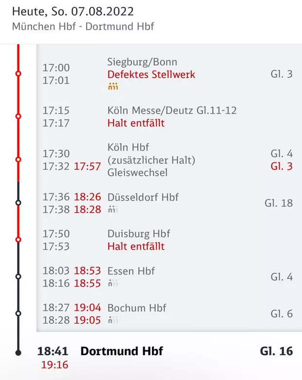 Screenshot aus Bahn-App: Defektes Stellwerk, Halte entfallen, Verspätung