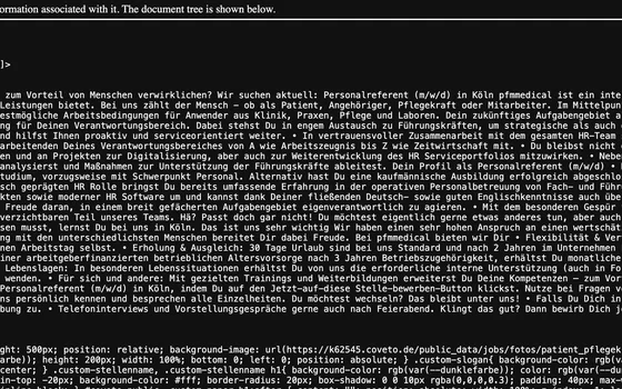 XML-Code Stellenanzeige XML-Code einer Stellenanzeige für einen Personalreferenten bei pfmmedical in Köln. Der Text beschreibt die Aufgaben im Recruiting und Employer Branding sowie die Anforderungen an den Bewerber.