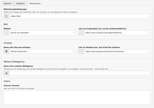 Bildbeschreibung: Eine Benutzeroberfläche zur Bildnutzung mit Feldern für Bildtitel, Urheberinformationen und Links zu Originalbildern. Die Struktur ist klar und organisiert, um Nutzern das Ausfüllen relevanter Informationen zu erleichtern.
