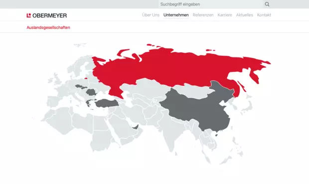 Interaktive Weltkarte für die internationalen OBERMEYER Niederlassungen