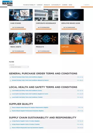 Screenshot der Download Dateien in der Kategorie "Supplier" im Download Center der Maxion Wheels Website
