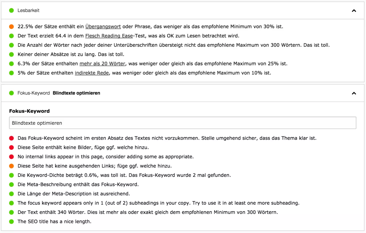 Screenshot von der Lesbarkeit-Prüfung der Yoast-SEO-Extension