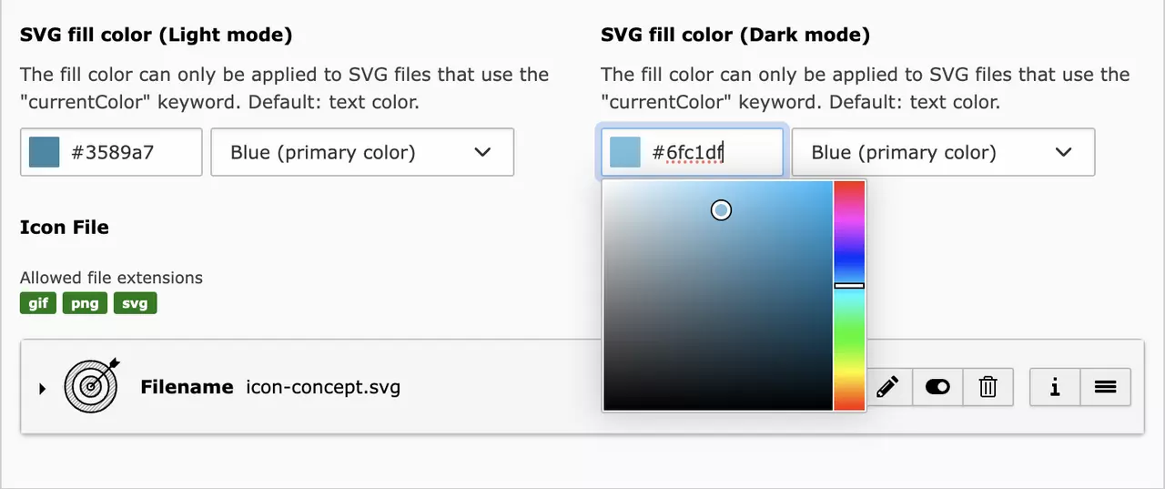 Dieser Screenshot zeigt gleich zwei Colorpicker-Eingabefelder mit ergänzendem Auswahlfeld. Die zwei Farbwerte werden für den Light Mode und Dark Mode der Website verwendet. Beim zweiten Eingabefeld ist der Colorpicker eingeblendet. Die zwei Auswahlfelder zeigen jeweils den Text "Blue (primary color)". In den Feldern steht jeweils der Hexadezimalwert, der sich für die Farbschemas unterscheidet.