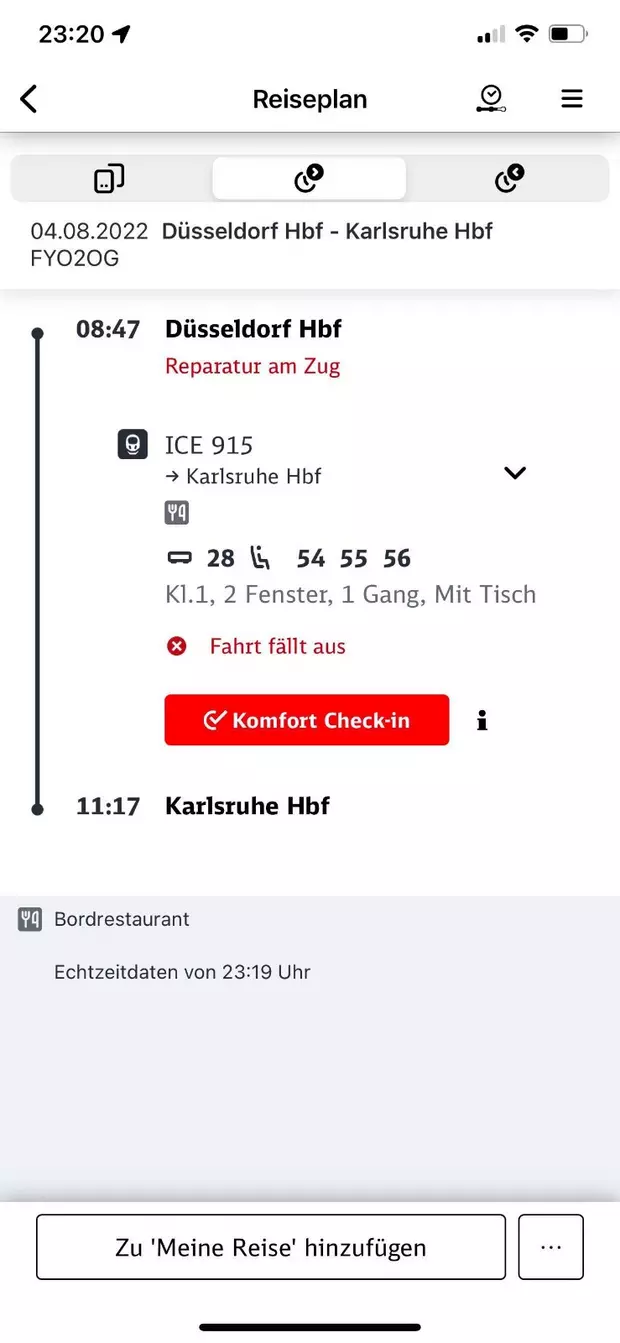 Screenshot aus Bahn-App: Reparatur am Zug, Fahrt fällt aus.