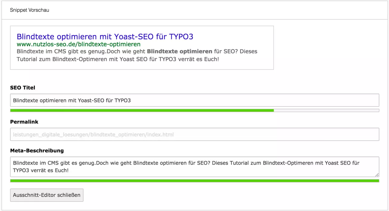 Screenshot von der Snippet-Vorschau der Yoast-SEO-Extension