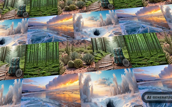 AI Generated - Fototapete KI-Fotos Eine Collage aus verschiedenen Naturmotiven, darunter ein grüner Waldweg, eine Wüstenlandschaft mit Kakteen und ein eisiger See bei Sonnenuntergang. Einige Bilder tragen ein KI-Wasserzeichen.