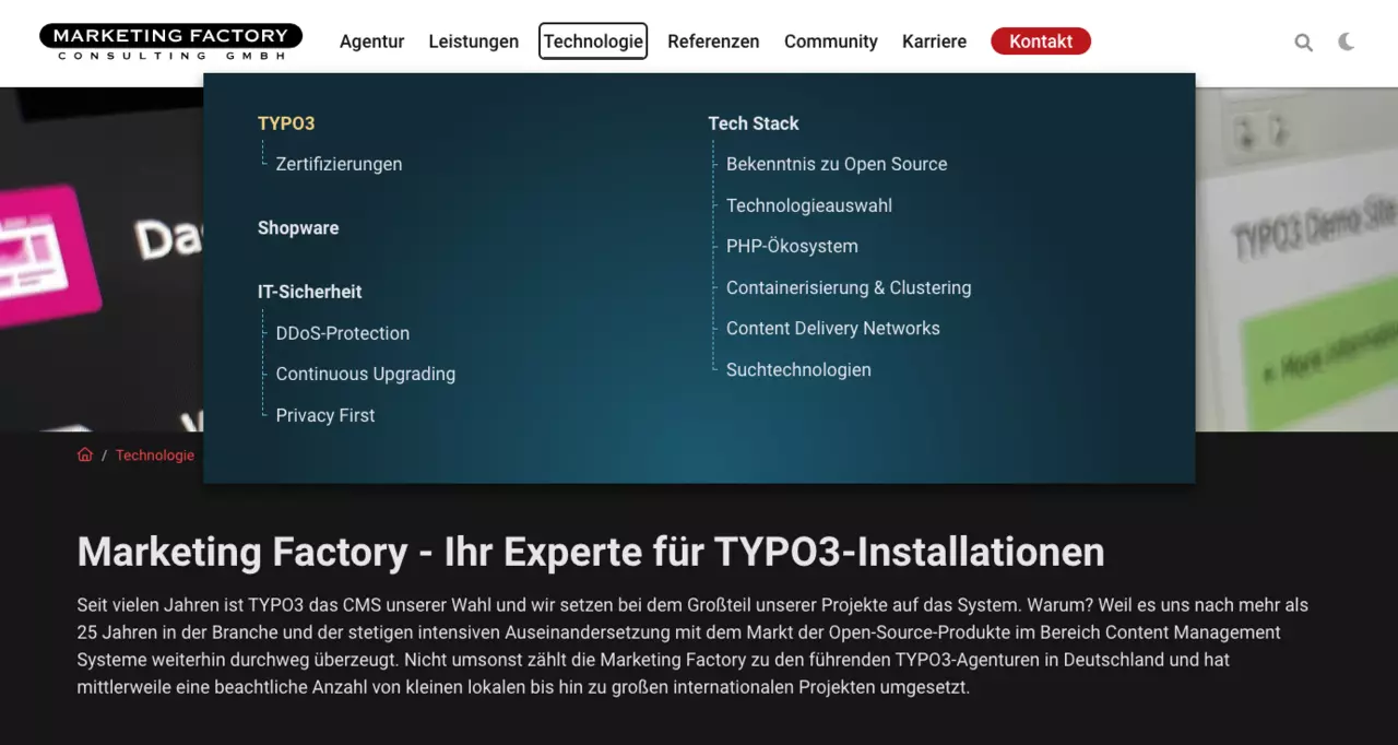 Der Menüpunkt "Technologie" ist per Tabulator-Taste ausgewählt, das Untermenü wird angezeigt